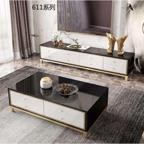 XM611 Tempered glass surface solid wood drawer, 304 stainless steel gold-plated chassis tea coffee table TV stand cabinet sets