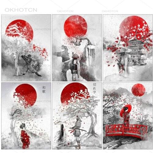 Japanese Samurai Diamond Painting Cherry Tree Landscape Mosaic Wall Decor Abstract Cross Stitch Diamond Embroidery Cross Decal