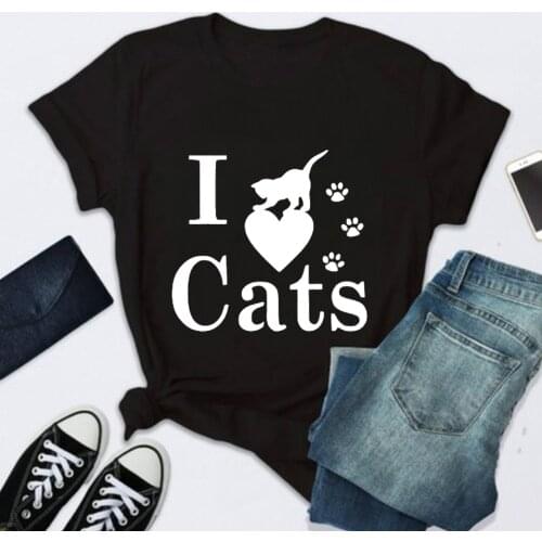 New Summer T-shirts Women Fashion I Love Cats Print Casual Short Sleeve Shirts Loose O-neck Ladies T-shirt Tops for Women Tshirt