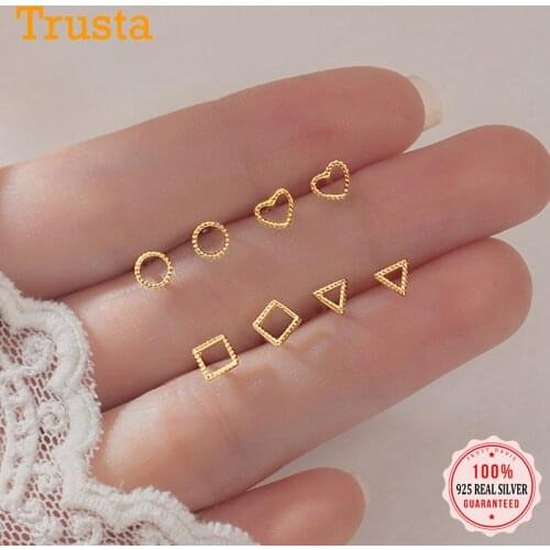 Trustdavis Real 925 Sterling Silver Sweet Round Triangle Square Heart Stud Earrings For Women Wedding Party Fine Jewelry DA1093