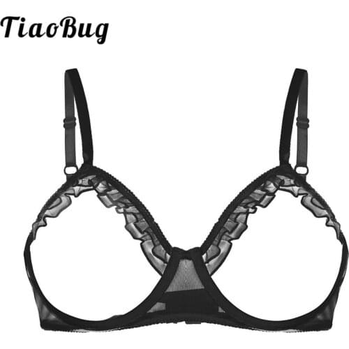 Women See Through Sheer Mesh Sexy Lingerie Adjustable Straps Bare Breast Ruffles Underwired Open Cups Erotic Bra Tops Underwear