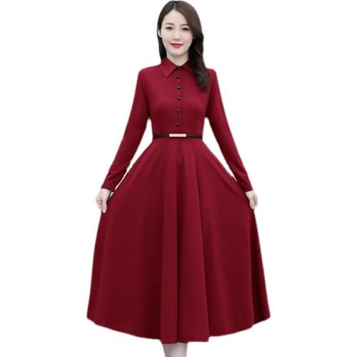 Vintage Office Lady Casual A-Line 2021 Fashion New Autumn Midi Long Korean Waist Style Dress Fashion Red Long Base Party Dress
