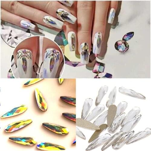 20pcs 2X6mm 3X10mm DIY Clear/AB Crystal Flat Back Nail Art Glitter Rhinestone Manicure Tips Charms 3D Nail Art Decoration