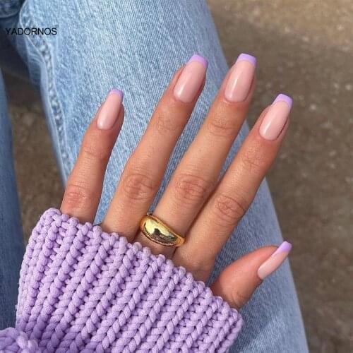 24pcs Fake Nails With Glue Taro Purple Nail Patch Glue Type Removable Mid Length Paragraph Fashion Manicure False Nail Patch Ty