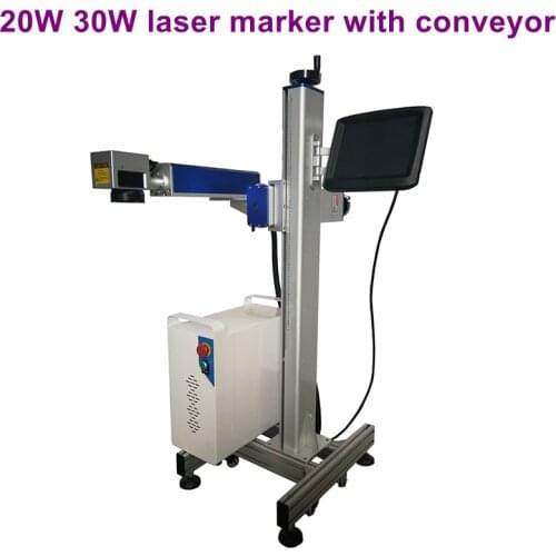 30w assembly line flight laser marking machine laser engraving of codes on galvanized steel pipes