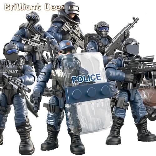 6PCS City SWAT Team Police Special Force Action Figures Military Marine Soldier Weapon Gun Compatible Army Building Blocks Toy