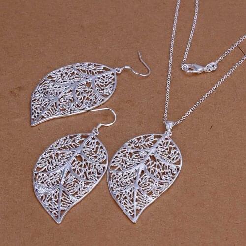 Factory price top quality silver plated leaf jewelry sets necklace bracelet bangle earring ring hot sell SMTS180
