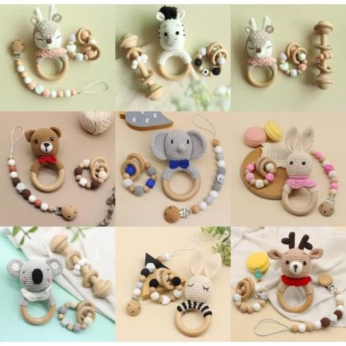 BPA Free Crochet Baby Teether Newborn Dummy Holder Pacifier Clips Teething Bracelets Cute Soother Chain Infants Rattle Teether