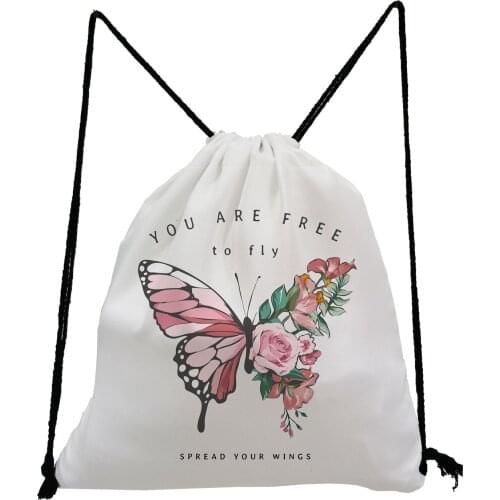 Preppy Childrens Backpack Simple Portable Drawstring Bags Floral Butterfly Printed Book Bag Large Capacity Shoe Bag to School