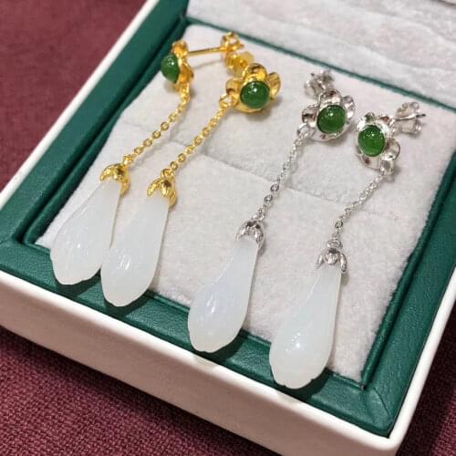 Natural Hetian White Magnolia Flower Long Earrings Chinese Style Retro Unique Charm Light Luxury Womens Silver Jewelry