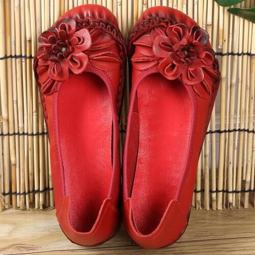 Red Genuine Leather Women Oxford sole flats shoes High Quality Ethnic flower Loafers shoes moccasins womens 2021 New