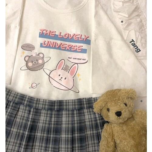 "Rabbit Bear Star" Sweet Womens Cotton T-Shirt Loose Tee Blouse Short Sleeve Summer Tops Cute Girls White Pink