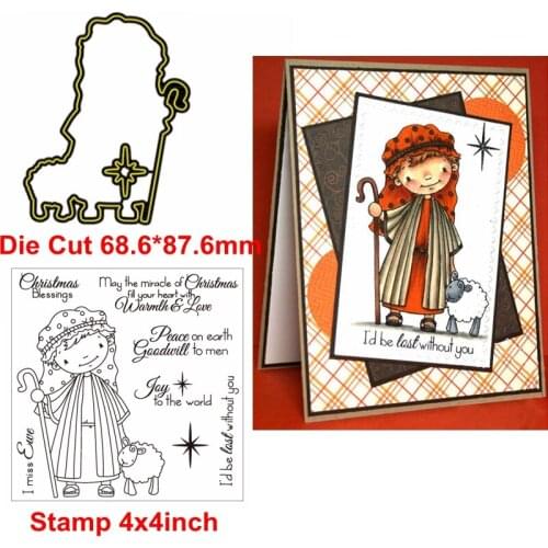 Cute Girl With Her Lamb Die Cut+Clear Stamp Girl+Lamb+Christmas Blessings Phrases Metal Cutting Dies+Clear Stamp For Card Making