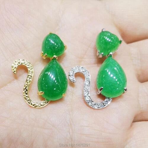 Vogue Inlaid Drop & Heart Green Jades Stone Rhinestone Hollow Cutting Cat Pendant 1PCS