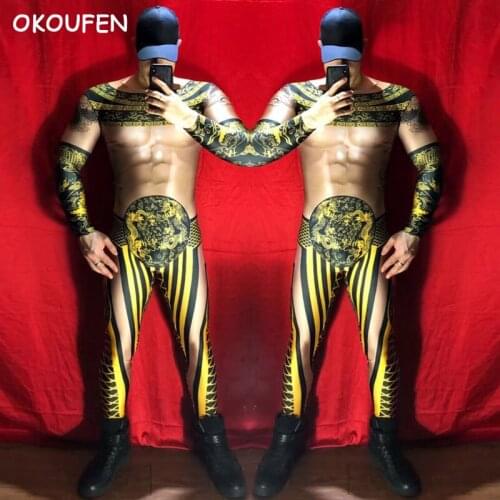 Chinese Style Men Fashion Black Dragon Robe Stage costumes Nightclubs Male Singer DJ Costumes performance dance clothing