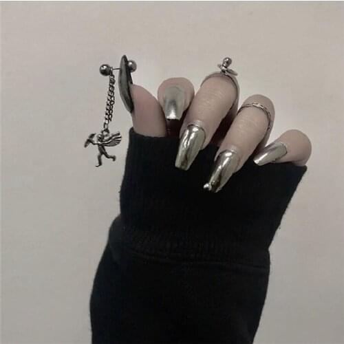 Gothic Angel Metallic silver pure color 3d fake nails American punk style lady full nail tips middle-long false nails