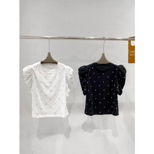 New women fashion 2021 short-sleeved casual solid color diamond T-shirt top 0326