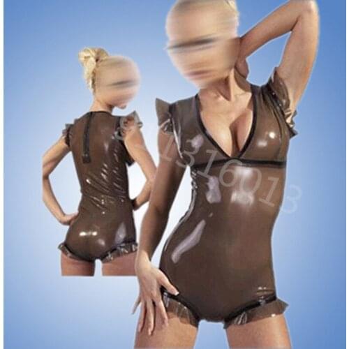 Handmade Transparent Brown Latex V-neck Tights Bodysuits Fetish Rubber Leotard Back Zipper Swimwear suits