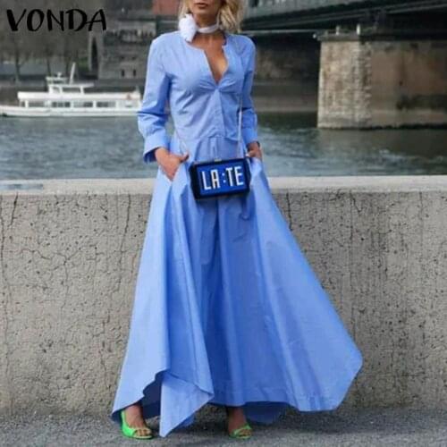 Women Dress VONDA Women Sexy V Neck Solid Asymmetric Hem Zipper Bohemian Vestido Plus Size Beach Sundress Loose Elegant Robe
