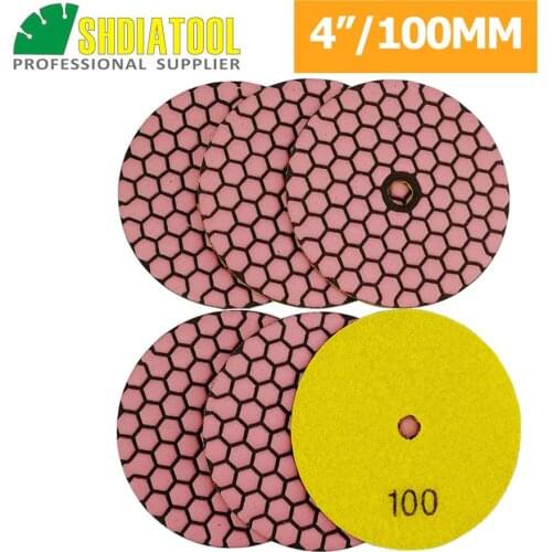 SHDIATOOL 6pcs/pk Dia 4" #100 Resin Bond Diamond Flexible Polishing Pads 100m Dry Sanding Disc Marble Granite Stone Sander Disk