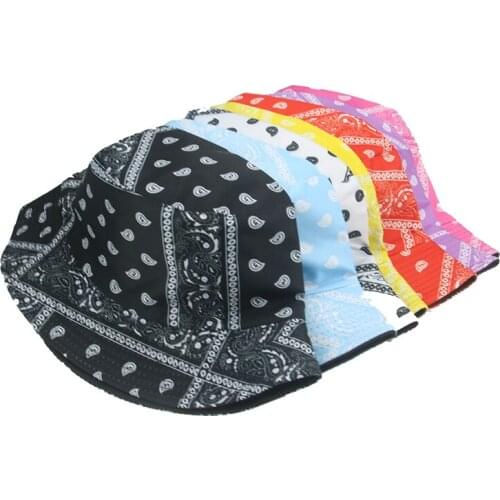 Women hats Double sided blue yellow print flat top bucket hats casual sun protection beach foldable summer hats gorro pescador