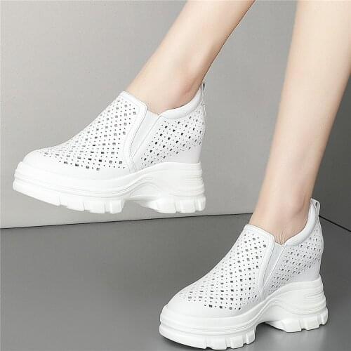 10cm Chunky High Heels Pumps Women Hollow Cow Leather Platform Ankle Boots Female Summer Round Toe Fashion Sneakers Casual Shoes