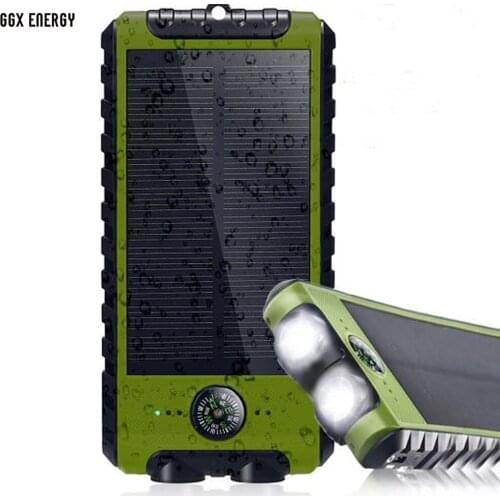 GGX ENERGY 10000mah Waterproof Solar Powered Portable Battery Power Pack + Compass + Dual LED Torch for Camping Travel