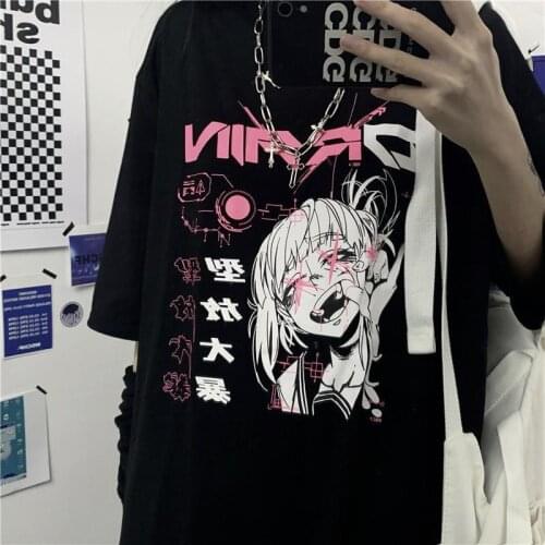 Japan Streetwear Cool BF Cartoon Fashion Summer Black Printed Oversized Students Cool BF Loose T-Shirt Girls Women Top Tees