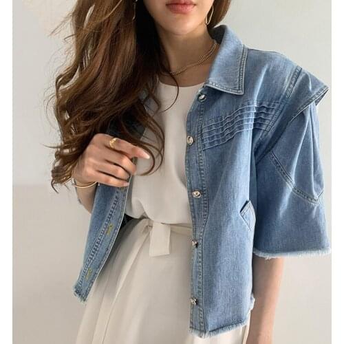 Korea Chic Summer Retro Lapel Pleated Single-Breasted Loose Tassel Fringe Washed Blue Denim Short Jacket Female