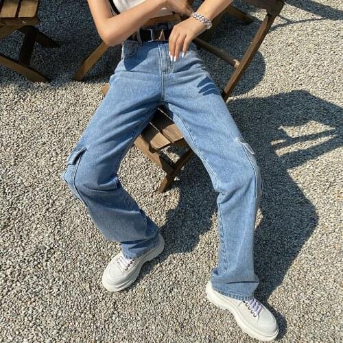 Tooling Pants Women Tide 100% Cotton Pocket Patchwork High Waist Jeans Loose Straight Tube Mopping Thin Wide Leg