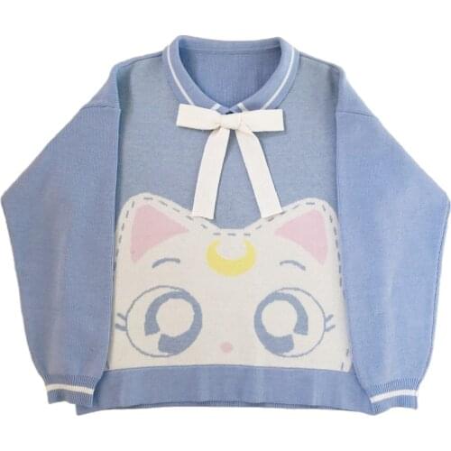 Womens Cartoon Cat Embroidery Kawaii Knitted Sweaters 2020 Spring New Warm Lace Up Bow Jacquard Sweater Cute Knit Pullovers