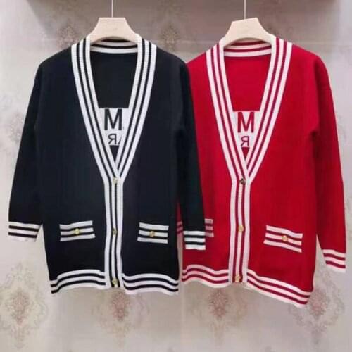 Women Sweater Knitted Cardigan Sexy V-Neck High Street Long Sleeve Elegant Striped Button Up Casual Clothes Letters Outwear Tops