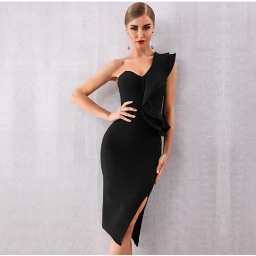 2021 Summer Celebrity Party Bodycon Bandage Dress Women Black Sleeveless One-Shoulder Sexy Split NightClub Ladies Dress Vestidos