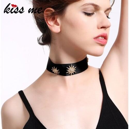 KISS ME Women Collar Brand Designer Black Wide Ribbon Choker Necklace Gold Color Alloy Crystal Star Chunky Necklace Women Bijoux