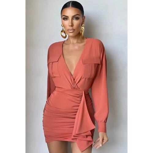 2021 Fall Sexy V Neck Solid Pleated Long Sleeve Women Casual Bodycon Dress Femme Hollow Out Club Mini Party Robe Vestidos BH7216