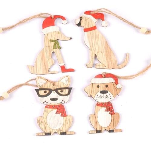 4pcs Dog Pattern Wooden Christmas Tree Pendant Home Decor Gift Accessories Wood Chips Xmas Party DIY Handmade Decorations c2732