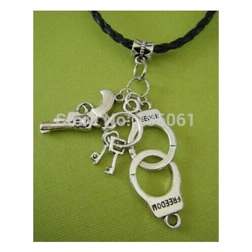 Vintage Silver Police Handcuffs&Key&Guns Charms Statement Collar Choker Weave LEATHER Necklaces Pendants DIY Jewelry 5pcs X750