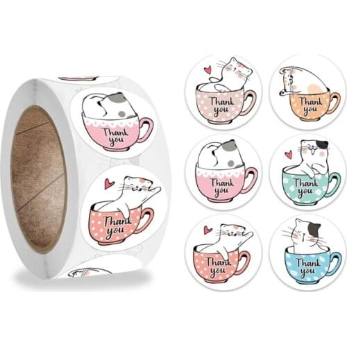500Pcs/Roll Cute Kitty Cat Round Thank You Stickers Wedding Party Handmade Scrapbooking Gift Packaging Seal Labels