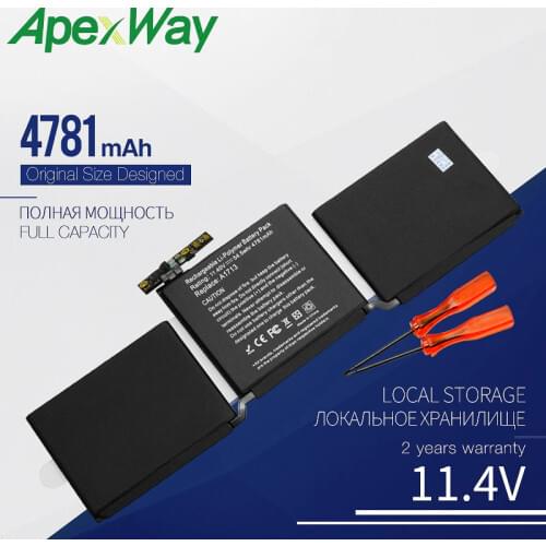 Apexway 11.4V 4781mah A1713 Laptop Battery For Apple MacBook Pro 13'' A1708 2016 MLL42CH/A MLUQ2CH/A Screwdriver Battery