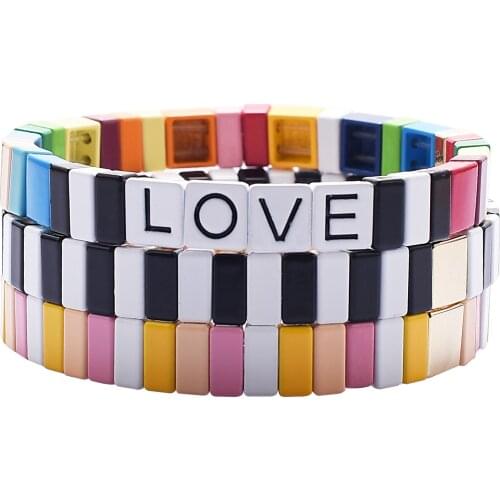 3pcs/Set Vsco Girl Enamel Bracelet Metal Diy Tile Tila Beads Wristbands Stretch Myuki Beaded Chain Link Stack Bangle For Women