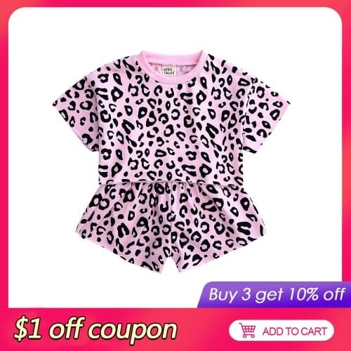 Leopard Kids Clothes Girls Set Fashion Toddler Girl Clothes Cotton Short Sleeve Tops+Shorts Fashion Children Clothing Suit