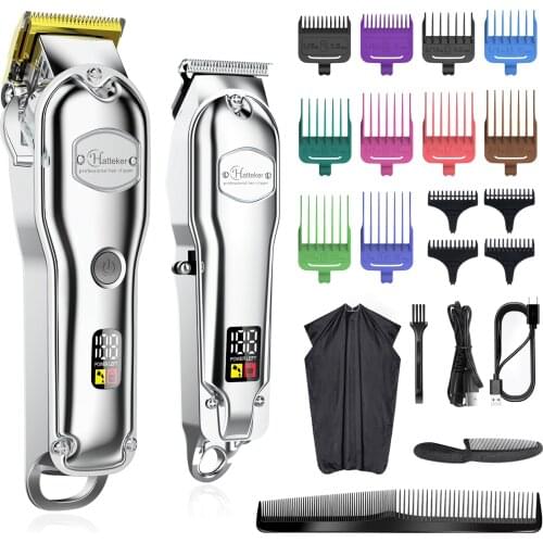 Hatteker Professional Hair Cutter Mans Hair Clipper Set Electric Cordless Hair Trimmer for Barber 2 Machines with 10 Guide combs