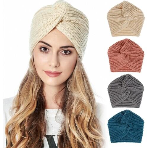 Fashion Autumn And Winter Hat Women Wool Indian Cap Solid Color Muslim Crossed Knitted Pullover Hat