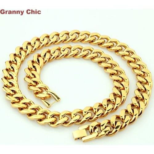 Granny Chic Mens Jewelry Gold Tone Stainless Steel Fashion Hip Hop 15mm Curb Cuban Necklace 7"-40"