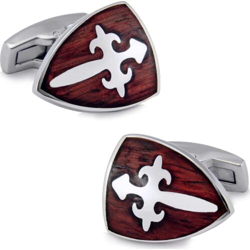 SPARTA Stainless steel + Mahogany Cuffliks Knight Shield mens Cuff Links + Free Shipping !!! metal buttons