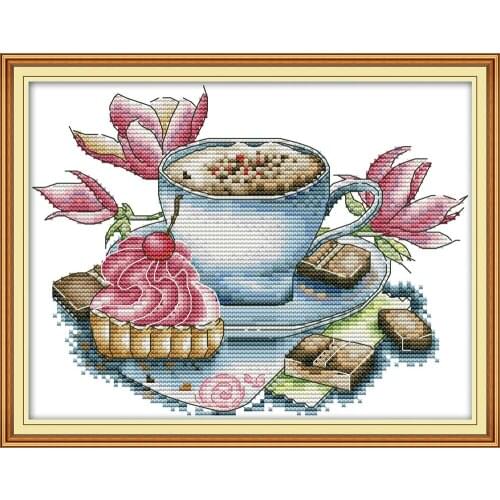 Teacup and cake cross stitch kit aida 14ct 11ct count print canvas stitches embroidery DIY handmade