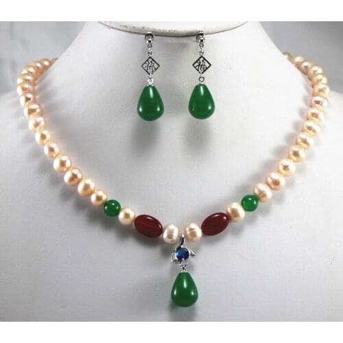 New design sets 8mm pink shell pearl necklace beautiful design green jades earrings