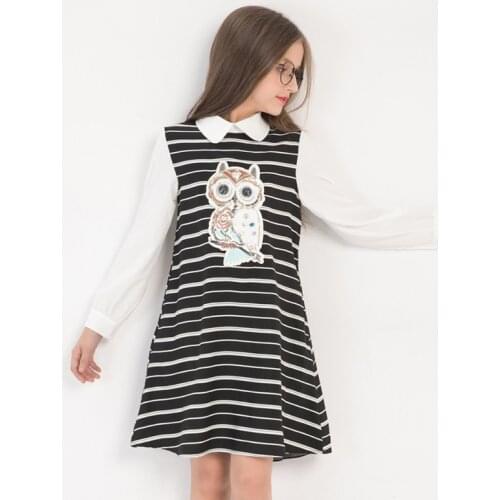 10 12 years Girls Dress Long Sleeve Owl Cartoon Sequins Dress