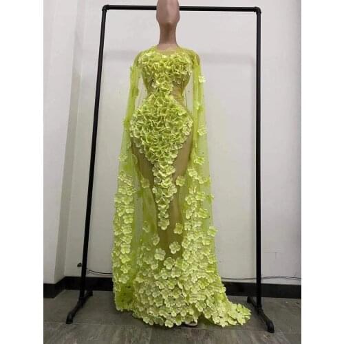 See through fairy flower queen costume Long party flowers dresses Sexy party girl dress Singer outfits