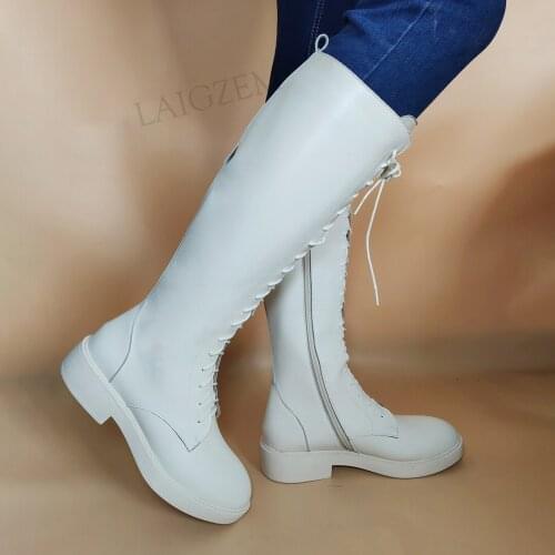SEIIHEM SUPER Women Knee High Boots Low Heels Wide Calf Friendly Side Zip Unisex Beige Shoes Woman Donne Big Size 34 38 42 43